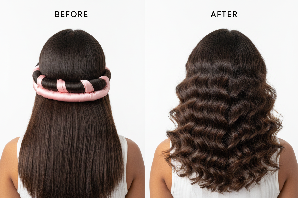 Heatless Curl Set - Back View Before & After with Nuvra Logo