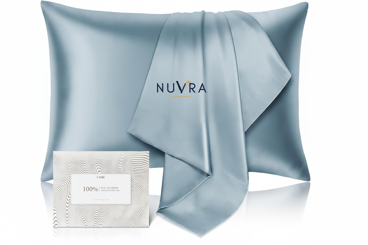 Silk Pillowcase Blue - Background Removed with Nuvra Logo on Pillow
